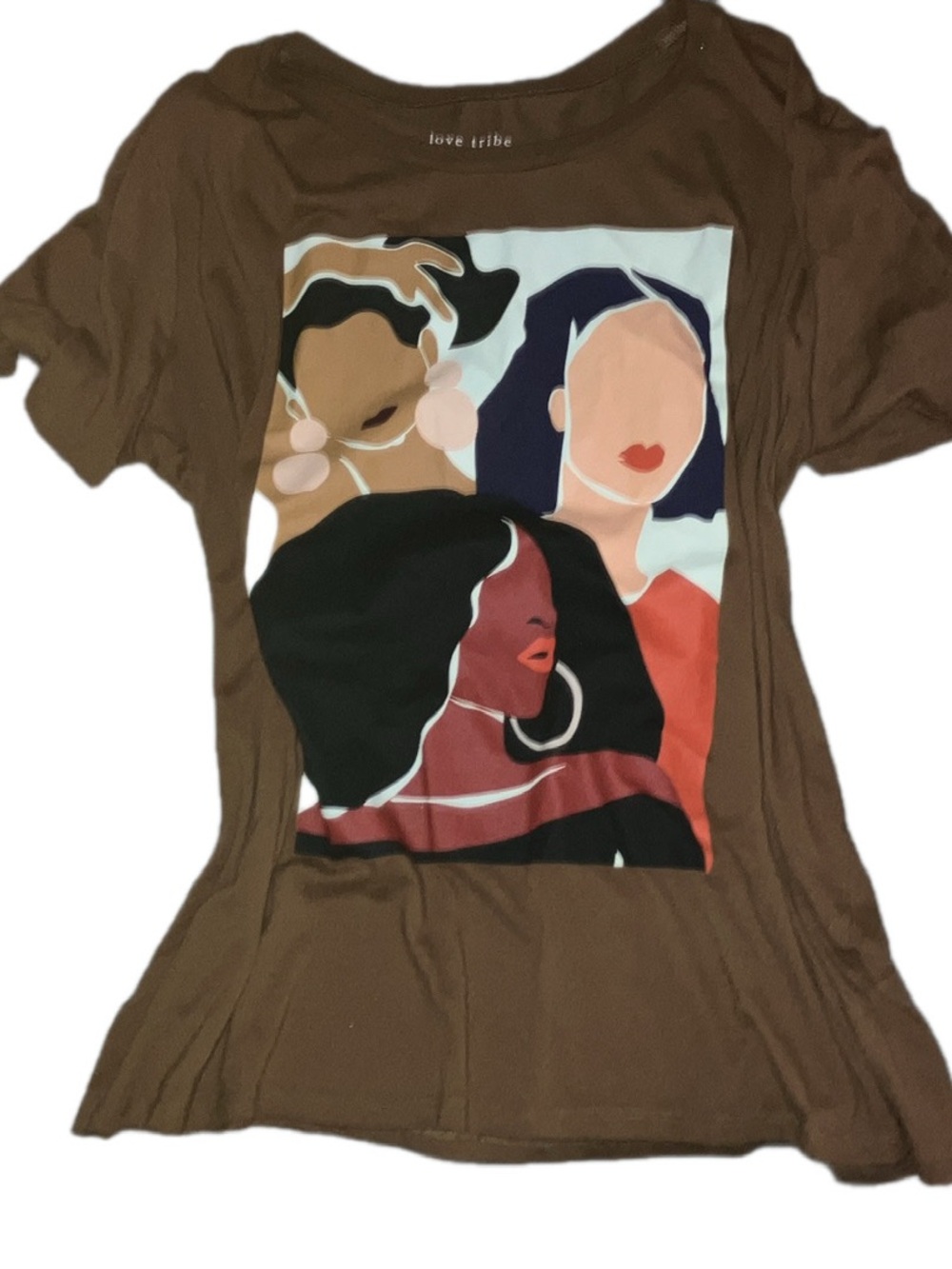 Love Tribe Brown Short-Sleeve Oversized Tee with Multicolor Abstract Faces